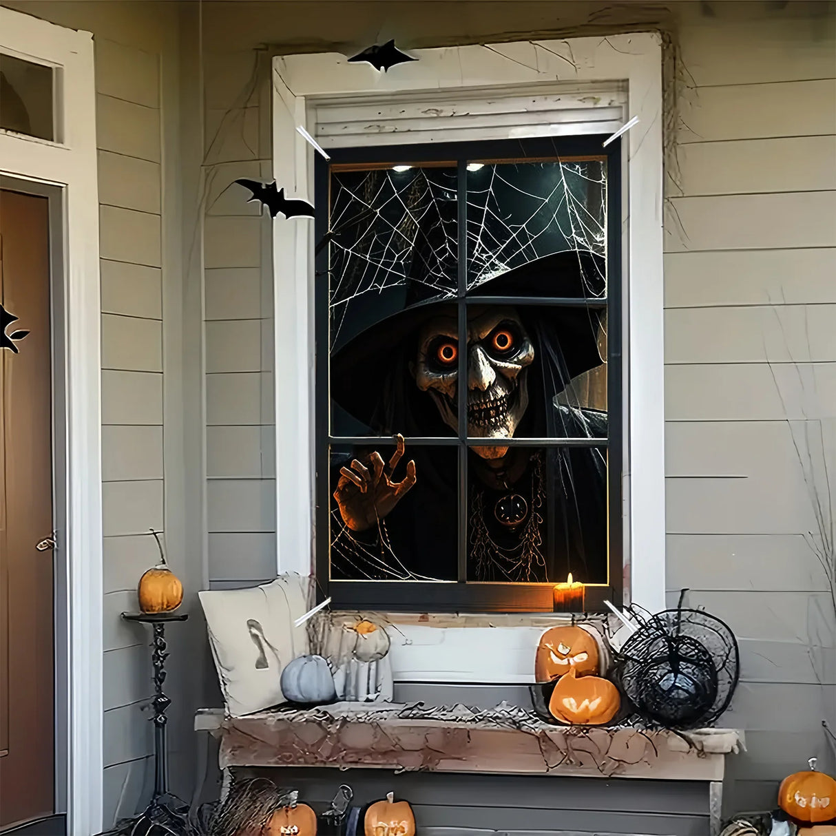Décoration d'Halloween, 1 pièce, bannière de fenêtre en polyester avec des motifs terrifiants et fantastiques, thème de sorcière maléfique