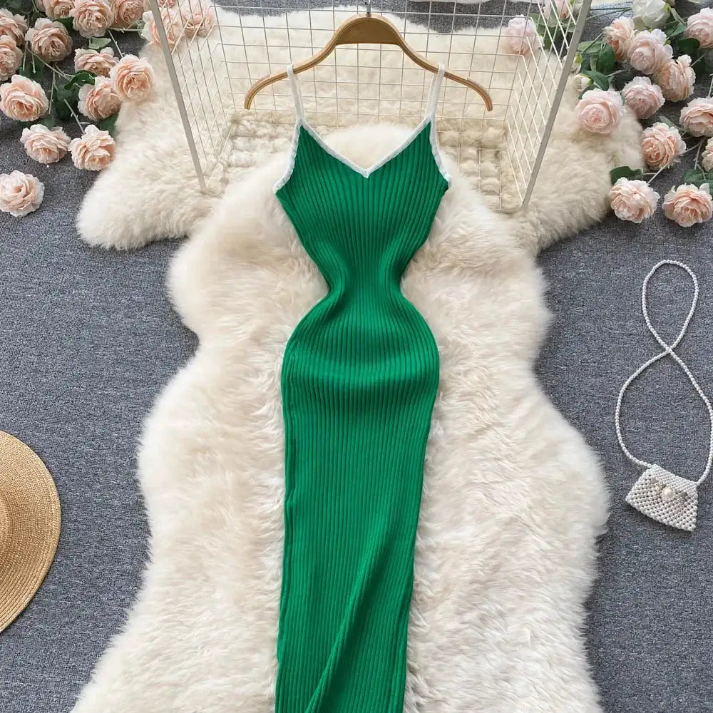 Summer V Neck Knit Sexy Strap Dress Women Elatic Waist Bodycon Sundress Female Beach Backless Maxi Long Dress