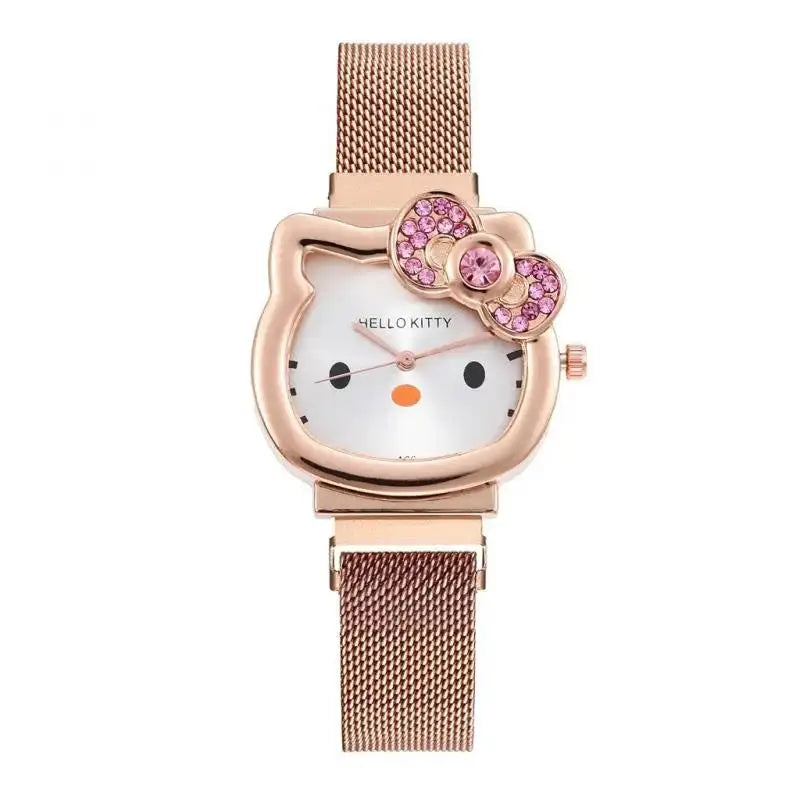 Hello Kitty Diamond Watch Cat Bow Kawaii Pink Ladies Gold Sliver Metal Jewelry Cartoon Magnetic Watch Girlfriend Birthday - Lootquake