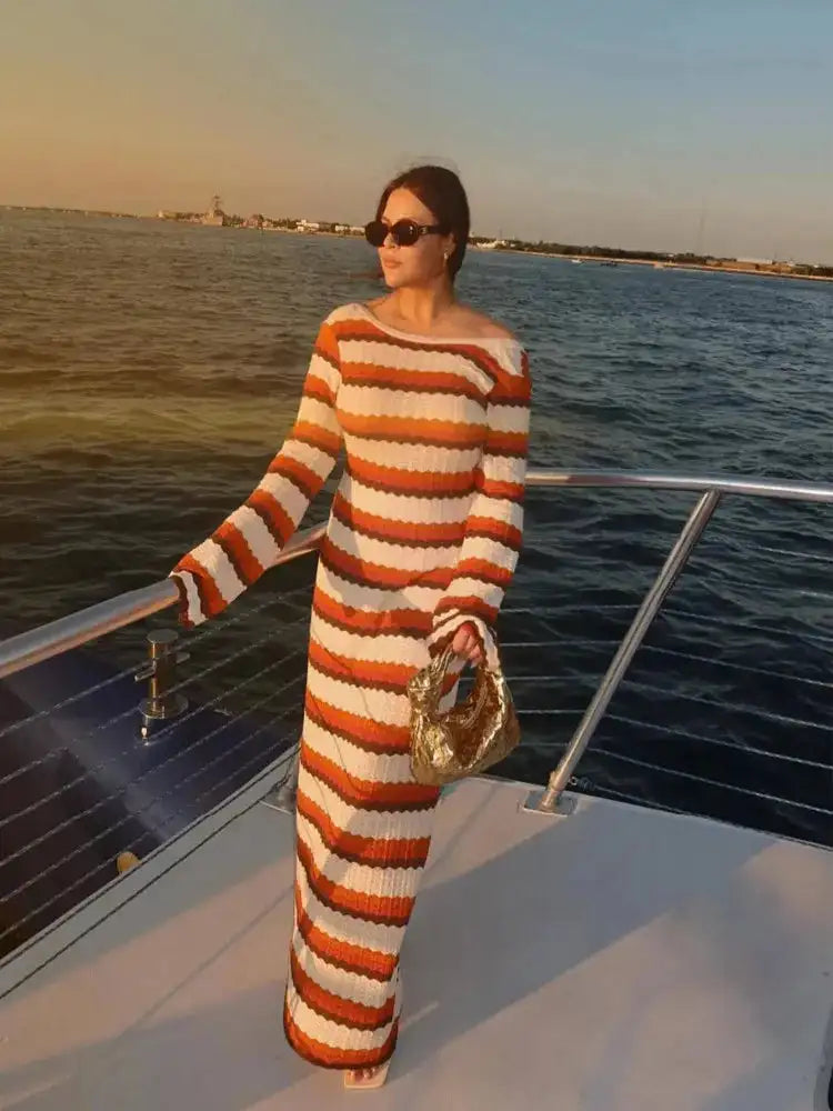 Striped Knitted Long Dress Women O-neck Backless Hollowed Out Long Sleeves Lady Bodycon Dress 2024 Spring Summer Vacation Robe - Lootquake