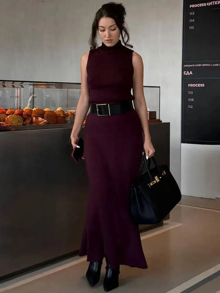 Tossy Elegant Knitwear 2 Piece-Set Long Dress Female Ribbed Sweater Pullover And Loose Patchwork Maxi Skirt Sets Ladies Outfits - Lootquake