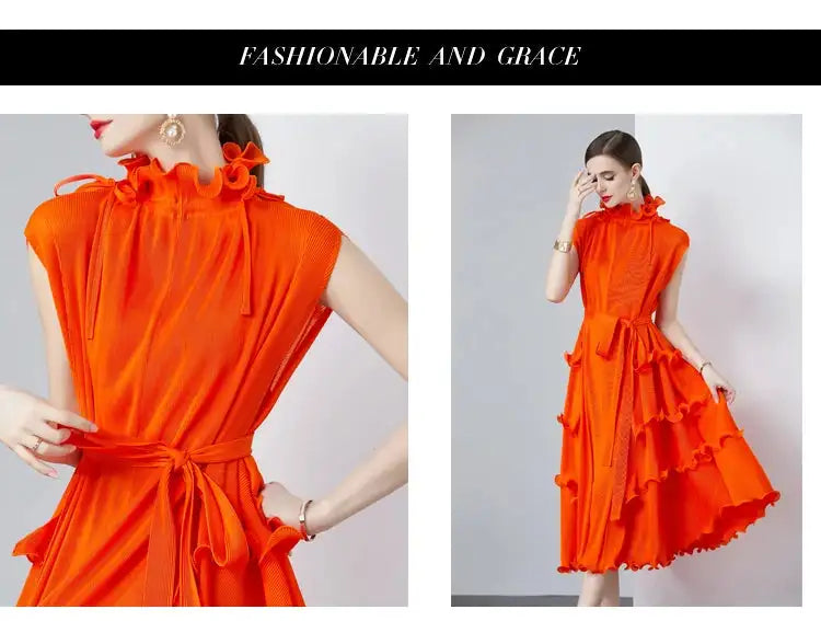 Miyake Pleated Shoulder Bag Heavy Industry Wood Ear Edge Pleated Lace-up Belt Long Dress Stand Collar Plus Size Women's Clothing - Lootquake