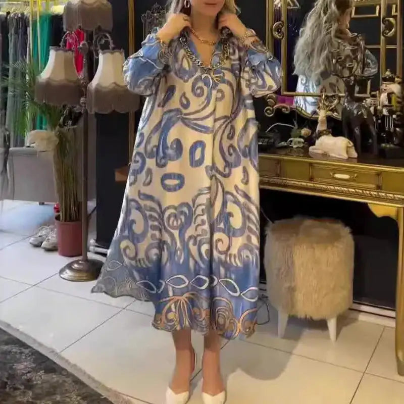 Vintage Fashion Printed V-neck Long Dress Women Spring Long-sleeved Loose Bohemian Dress Autumn Casual A-Line Maxi Dress Vestido - Lootquake