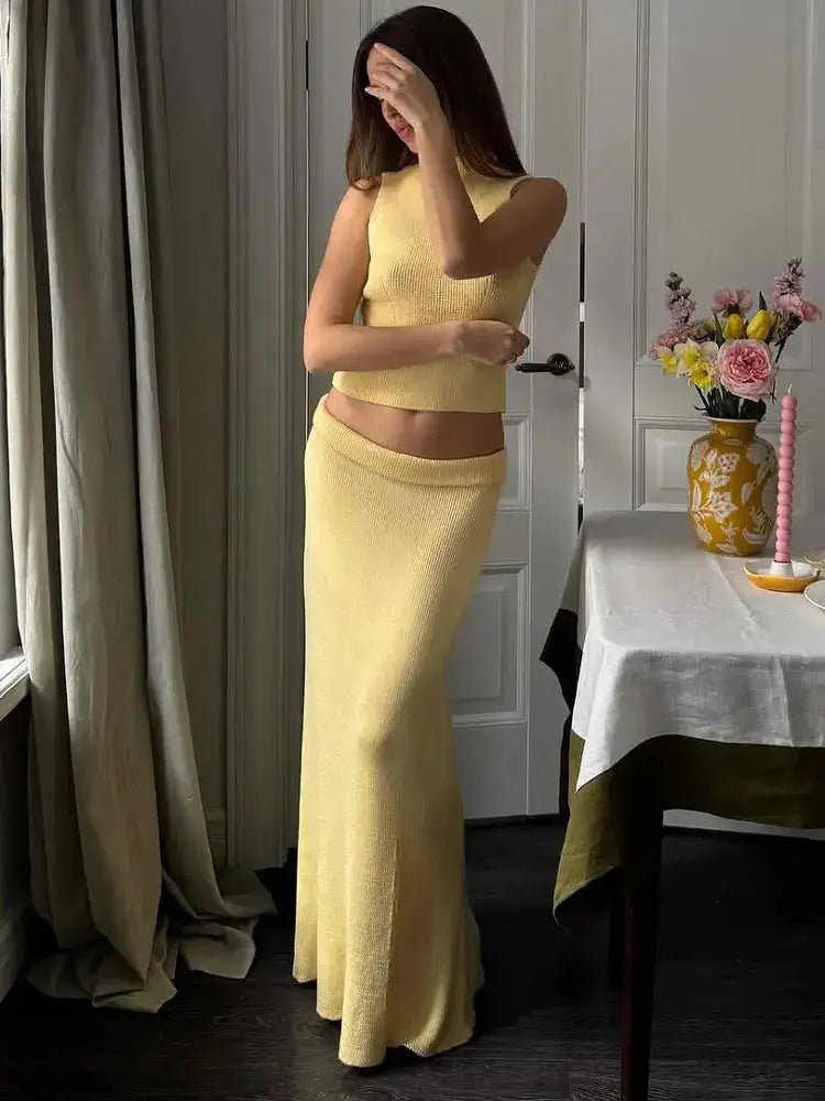 Tossy Elegant Knitwear 2 Piece-Set Long Dress Female Ribbed Sweater Pullover And Loose Patchwork Maxi Skirt Sets Ladies Outfits - Lootquake