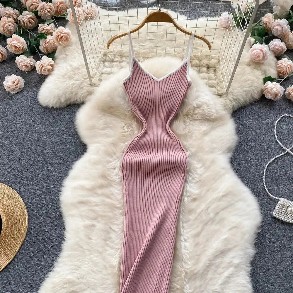 Summer V Neck Knit Sexy Strap Dress Women Elatic Waist Bodycon Sundress Female Beach Backless Maxi Long Dress - Lootquake