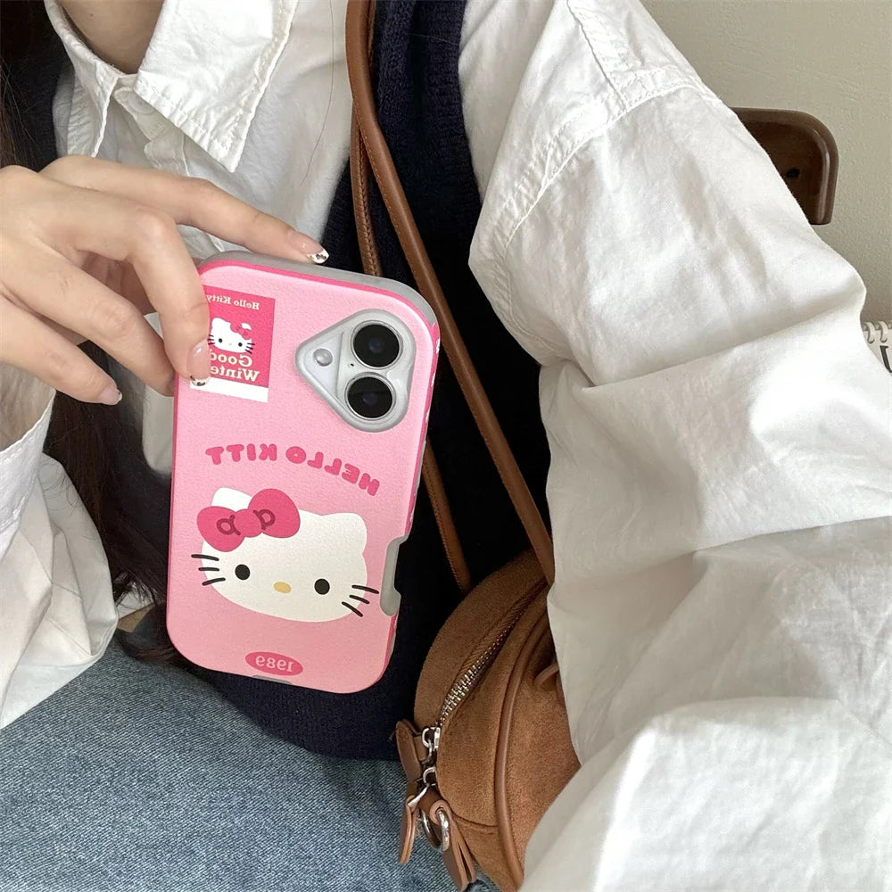Funda de cuero para teléfono de Hello Kitty con lazo rosa de lujo