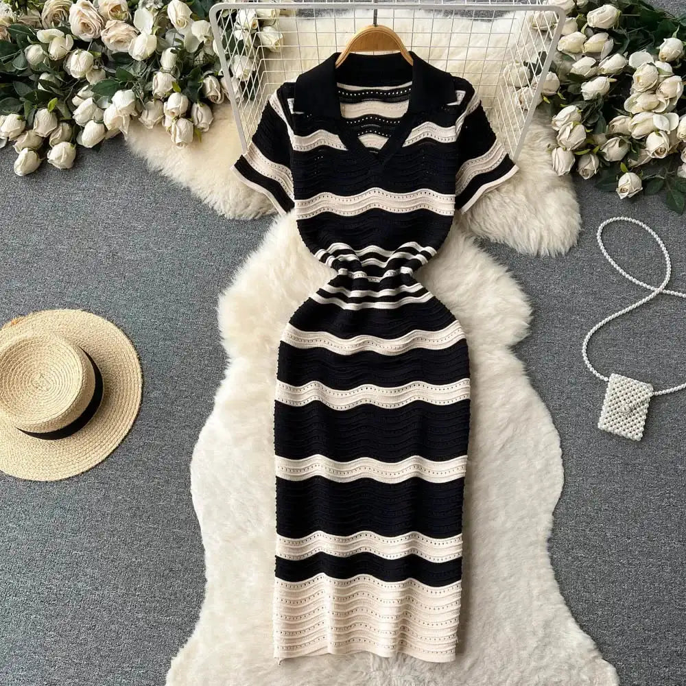 Short Sleeves Striped Long Dress Lapel Neck Hollow Out Slim Bodycon Sundress Fashion Hotsweet Knitted Beach Midi Dress - Lootquake