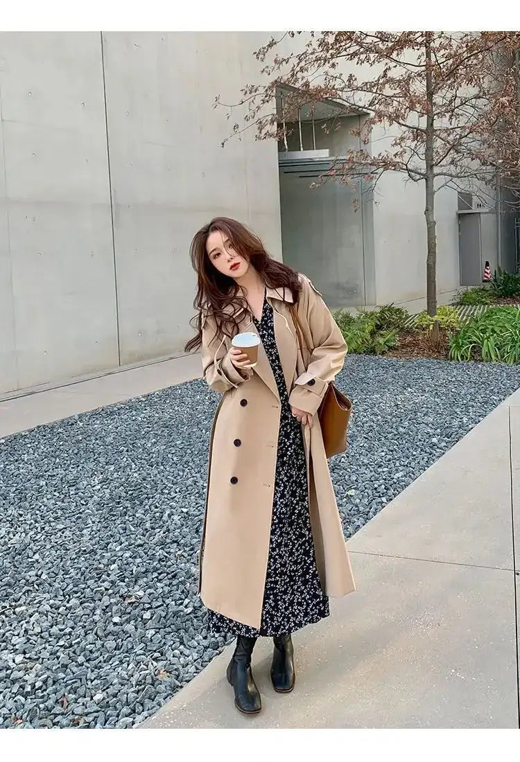 Streetwear Loose Trench Coat Midi Length Fashion Korean Elegant Khaki Black Women's Windbreaker Coat Casual Double Breasted Tops - Lootquake