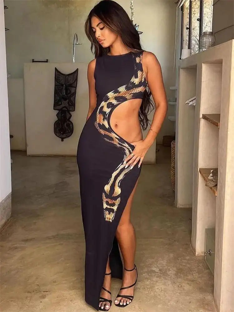 Tossy Python Printed Hollow Out Maxi Dress Female Slim Sexy Side Split Sleeveless Contrast Summer Party Dress Women's Long Dress - Lootquake