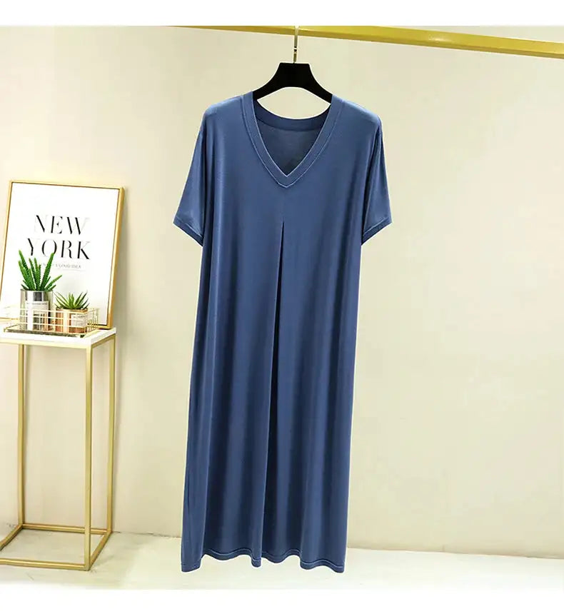 Modal Cotton Short Sleeved Nightdress for Women's Summer Casual Home Sleepwear V-neck Pleated Oversized Loose Hem Mid-Long Dress - Lootquake