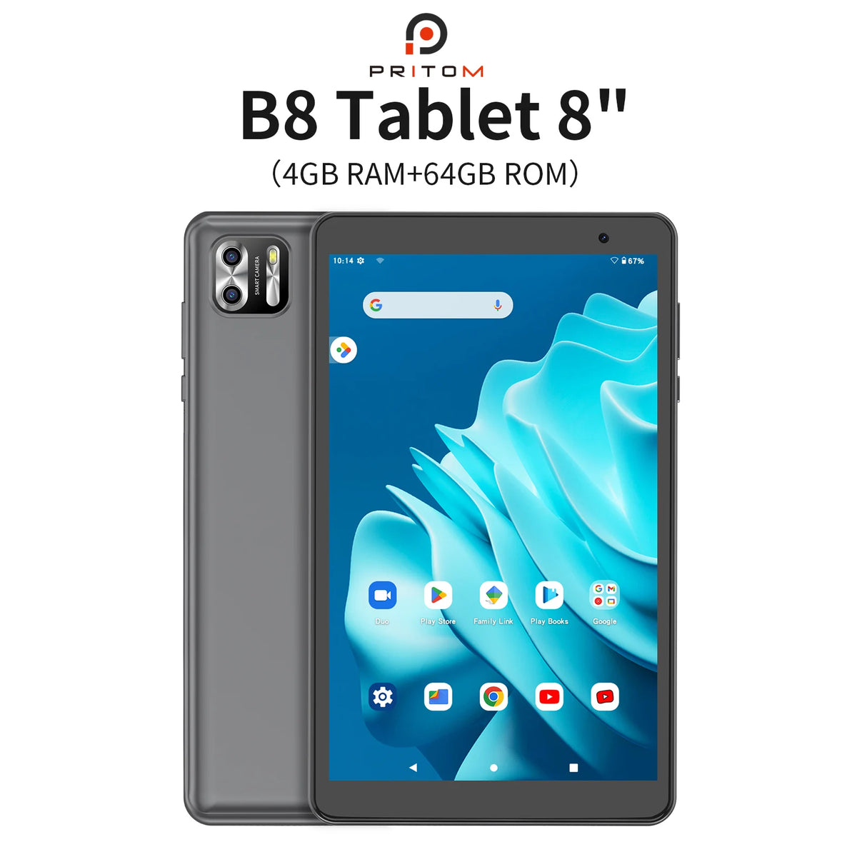 Tablette PRITOM 8 pouces Android 13, 8 Go (4+4 extensibles) RAM 64 Go ROM, 1 To extensible, écran IPS 1280x800, batterie 5000 mAh, double caméra, Wi-Fi