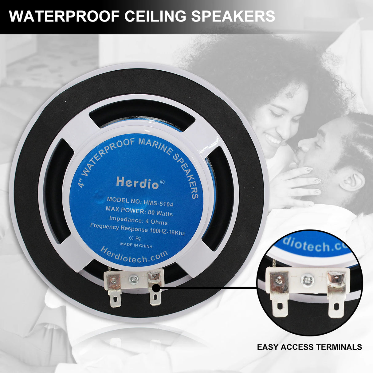 Herdio 2PCS 4 Inch Ceiling Bluetooth Speaker Kit Water Resistant 160W Marine Speakers For Bathroom Kitchen Home Outdoor Camper