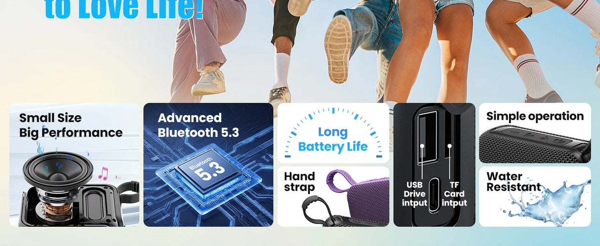 Enceintes Bluetooth TWS 10 W, basses améliorées, portable, sans fil, pour l'extérieur, étanche IP7, 30 h, pour la douche, Bluetooth 5.3