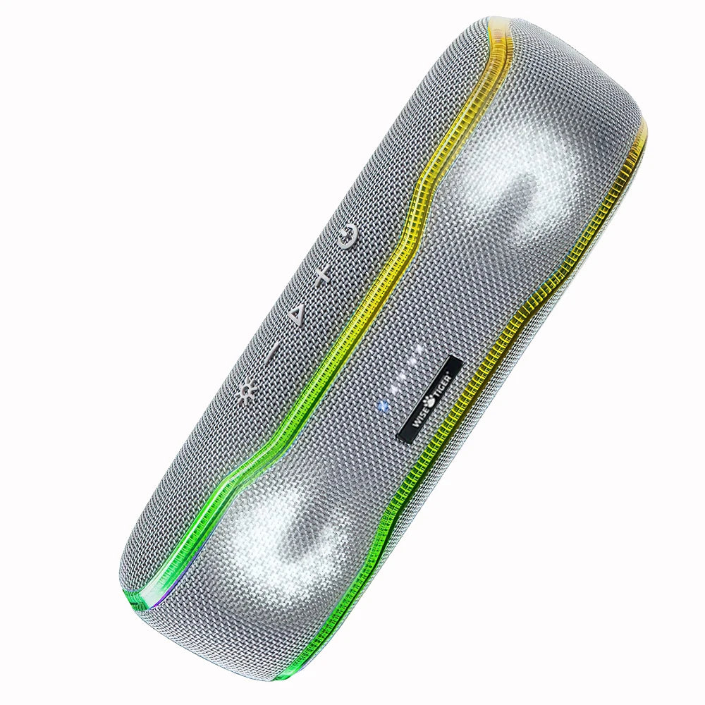 Altavoz Bluetooth WISETIGER para exteriores, resistente al agua IPX7, 25 W, BT5.3, estéreo envolvente con luces ecualizadoras pulsantes.