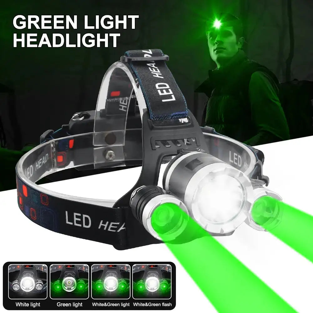 Headlamp Green/Red/UV395nm+White Dual Light Rechargeable Fixed Focus Waterproof 4Modes Headlight Hunting Camping Hiking Working - Lootquake
