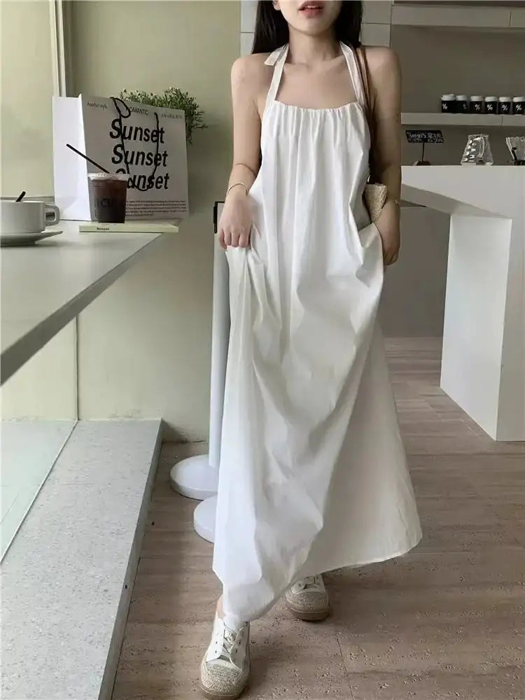 Summer Vacation Dress Thailand Style Open-back Halter Neck Age-reducing Photography Beach Long Dress Belted - Lootquake