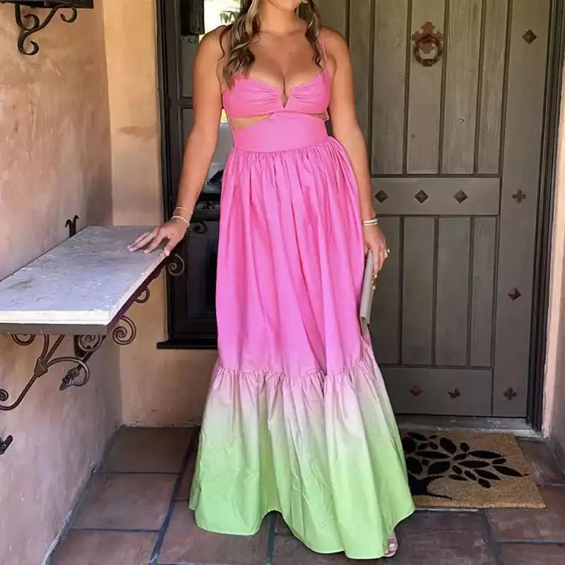 2024 New Spaghetti Strap Gradient Print Long Dress Lady Sexy V-neck Hollow Backless Evening Dress Elegant Sleeveless Slim Dress - Lootquake