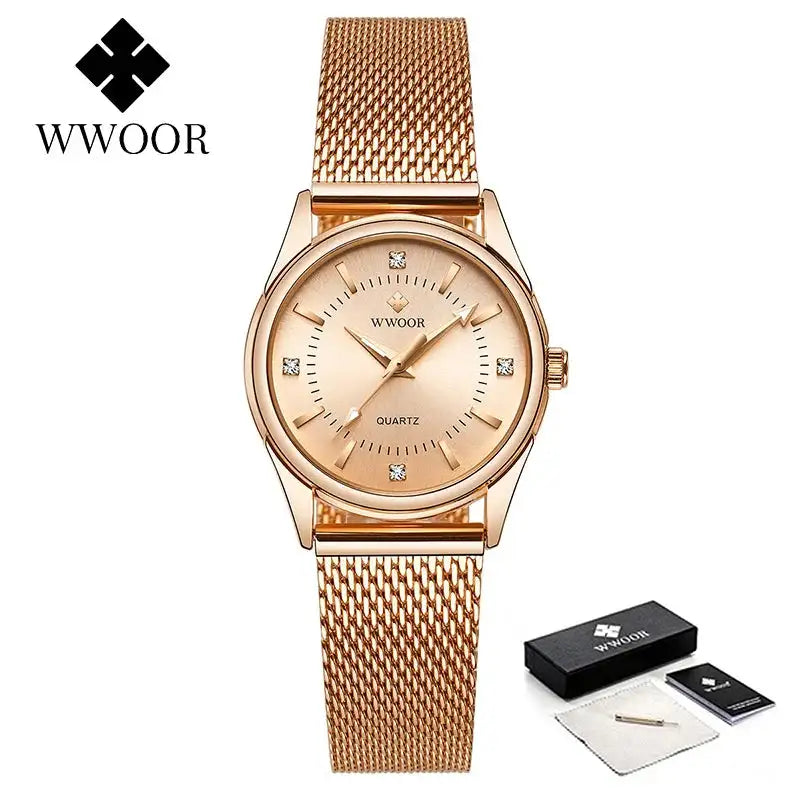 WWOOR 2023 Casual Women Dress Rose Gold Mesh Belt Fashion Diamonds Wristwatch Waterproof Simple Female Quartz Watch Reloj Mujer - Lootquake