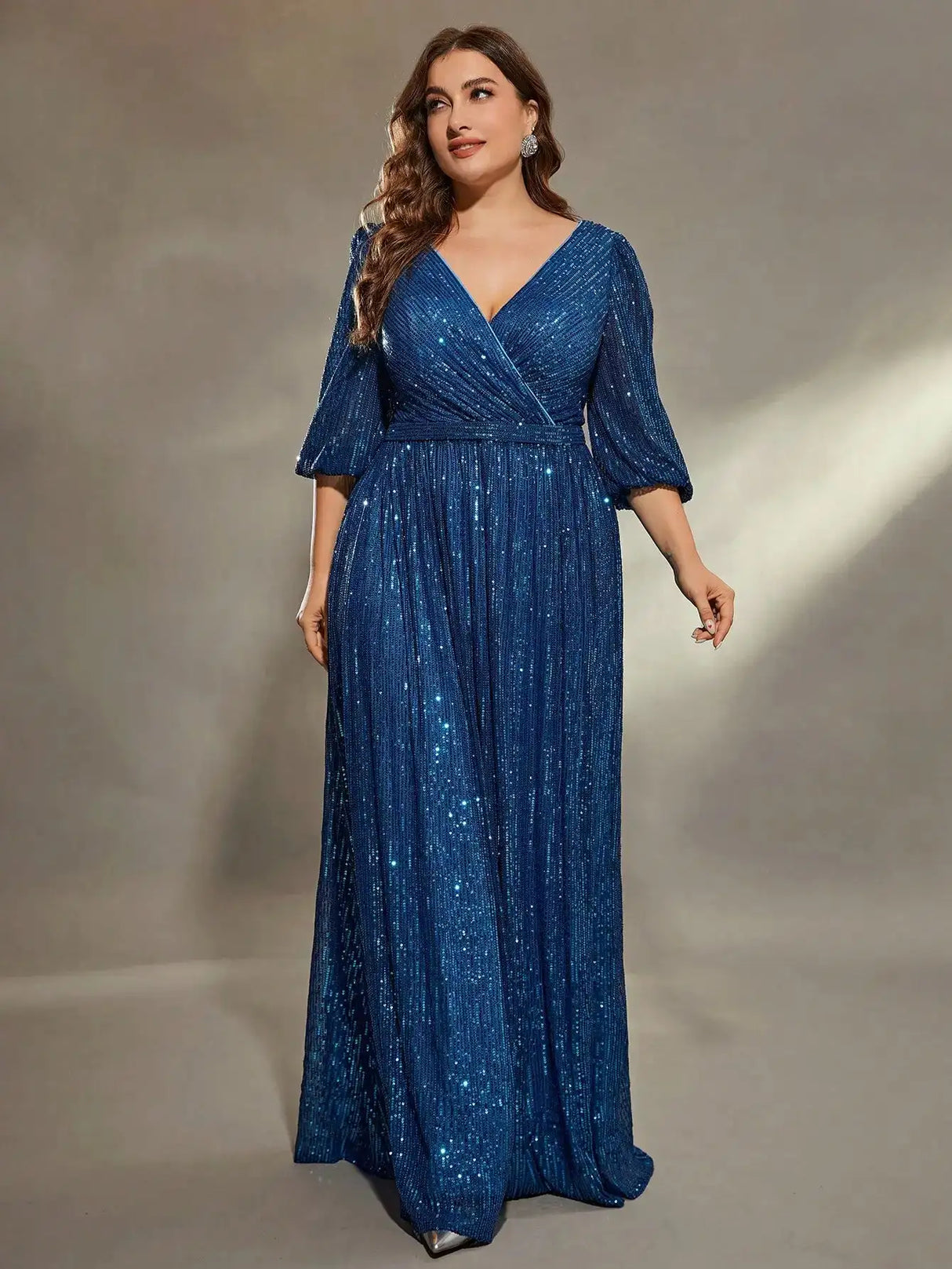 Mgiacy plus size V-neck bust pleated mid-long sleeve A-frame sequin long dress Evening gown PROM dress Party dress - Lootquake