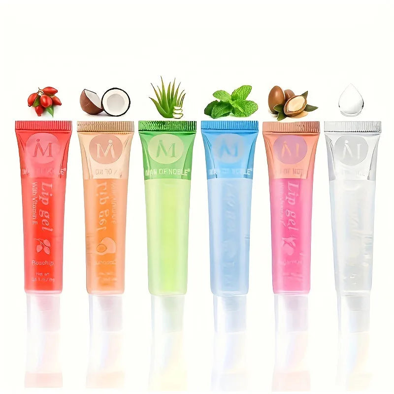 Lot de 6 rouges à lèvres hydratants aux fruits, transparents, à l'huile de rose musquée, à l'argan, à la menthe poivrée et à l'aloe vera, à la noix de coco, longue tenue
