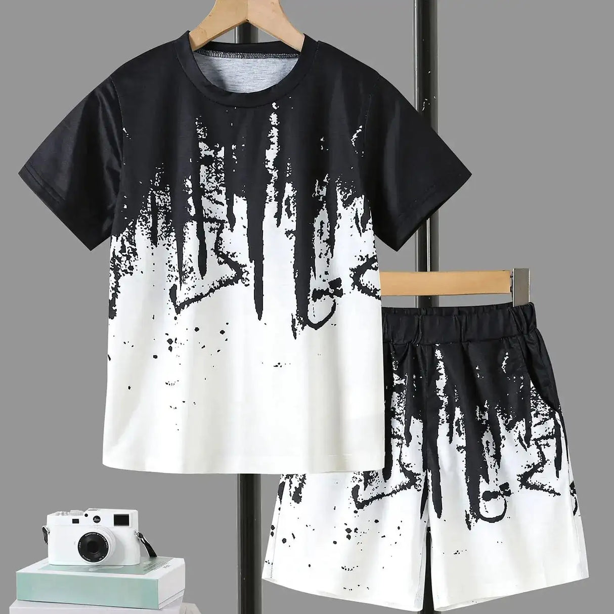 Boys' Summer Set: Cool Black & White Round-neck T-shirt with Slanted Pocket, Paired with Matching Shorts for Casual Play. - Lootquake