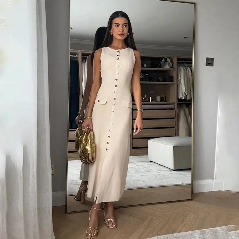 Fashion Knitted Long Dress For Women Elegant Sleeveless Button Maxi Sweater Bodycon Dresses Female Party Fashion Vestidos 2024 N - Lootquake