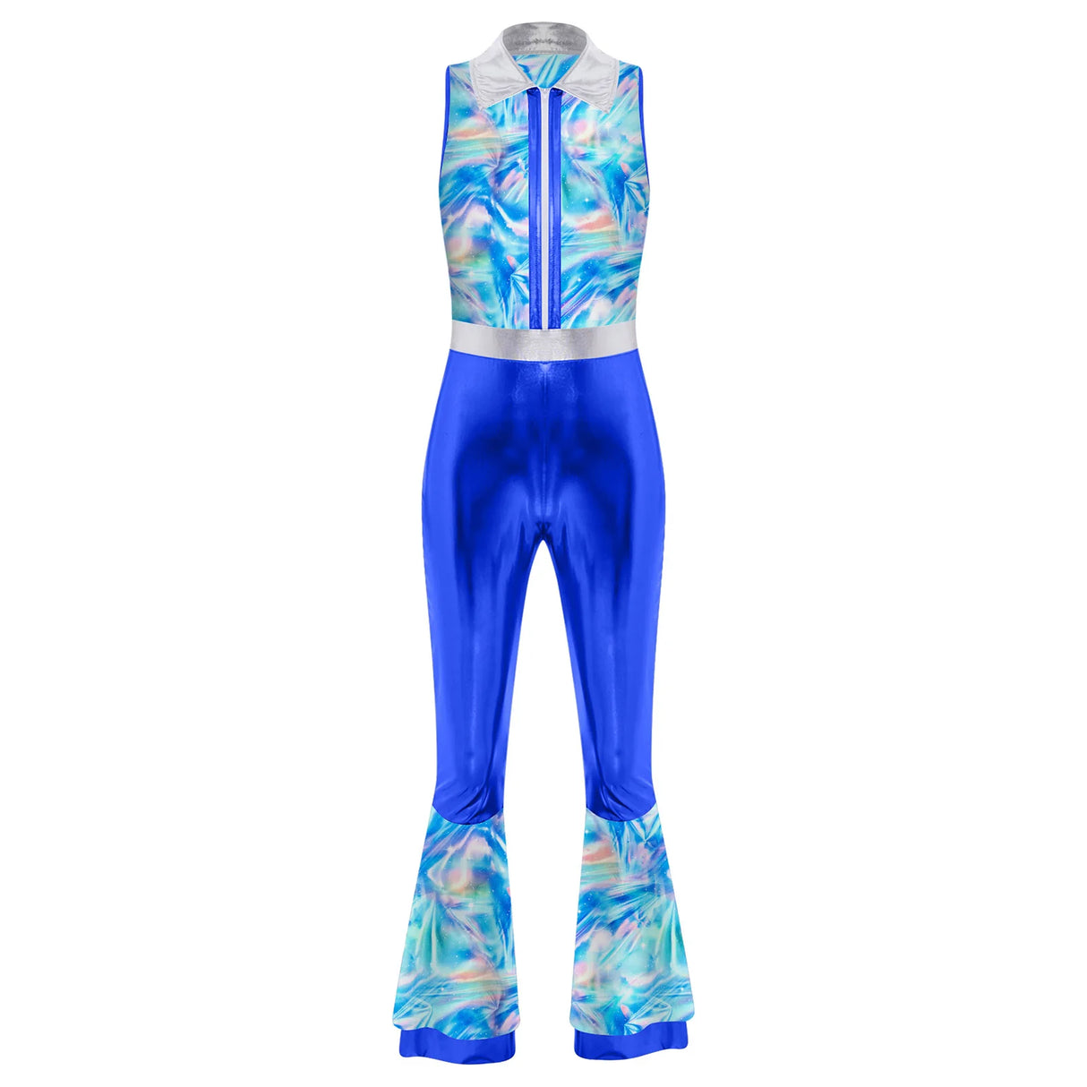 Womens Halloween Retro Hippie Cosplay Costume Party Hip-hop Dance Costume Metallic Shiny Vintage Carnival Bodysuit Jumpsuit