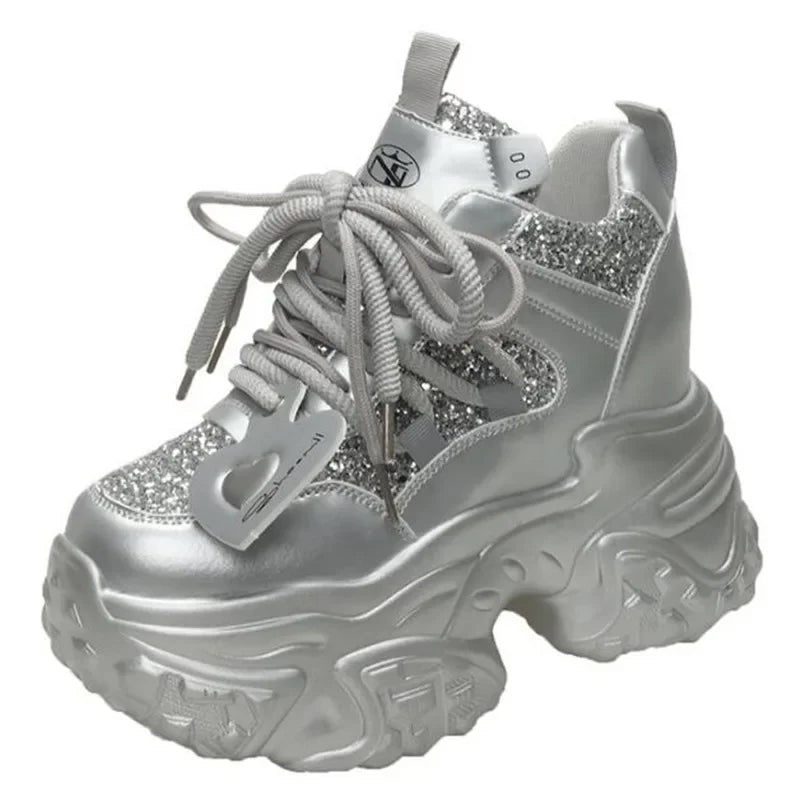 10.5CM Women Casual Platform Sneakers High Heels New Autumn Sports Leather Shoes Bling Trainers Chunky Sneaker Zapatos Mujer - Lootquake