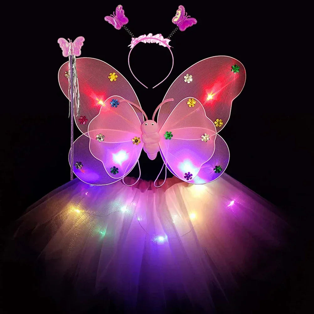 LED Children Costume Props Girls Skirts Angel Luminous Wings Flashing Butterfly Skirt Lights Suit 2-8year Easter Valentines Day - Lootquake