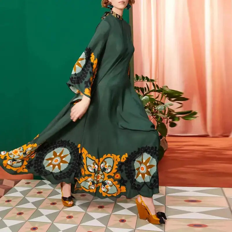 Ethnic Retro Spring Print Boho Long Dress Women Sexy Stand Collar Lace-up Party Dress Fall Long Sleeve Loose Ladies Maxi Dresses - Lootquake
