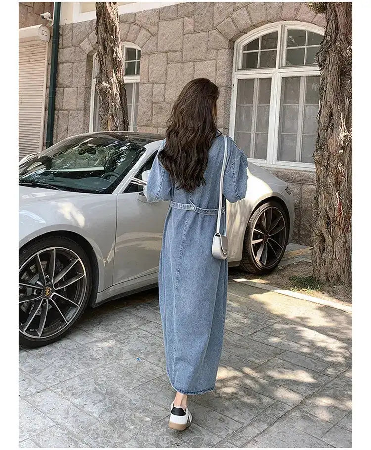Denim Long Dress 2024 New Fashion Spring Autumn Korean Sweet Cargo LOOSE FIT Full Sleeve Girls Dress All-match - Lootquake