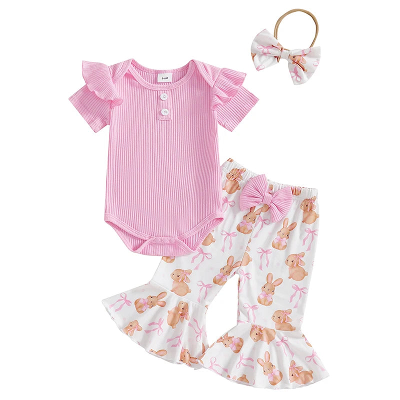 Baby Girls Summer Outfit Short Sleeve Romper with Bunny Eggs Print Flare Pants and Bowknot Headband Easter Outfit - Lootquake