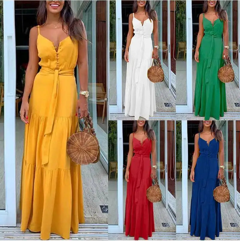 Elegant and Sexy Summer Women's V-neck Beach Dress with High Waist Waist Waist Waist Belt and Sling Long Dress for Party - Lootquake