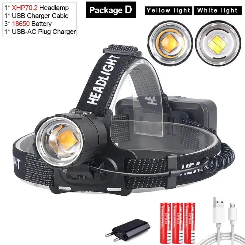 Linterna frontal LED XHP70.2 con 3 pilas 18650, linterna frontal LED amarilla o blanca más potente, ideal para pesca, camping y zoom.