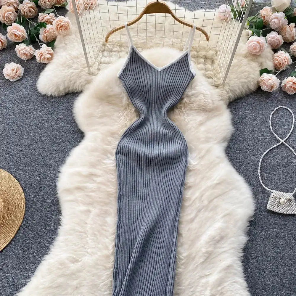 Summer V Neck Knit Sexy Strap Dress Women Elatic Waist Bodycon Sundress Female Beach Backless Maxi Long Dress - Lootquake