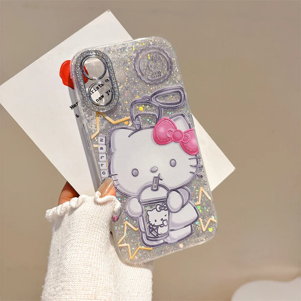 Fashion Glitter Silver Hello Kitty Tea Drinking Pattern Phone Case
