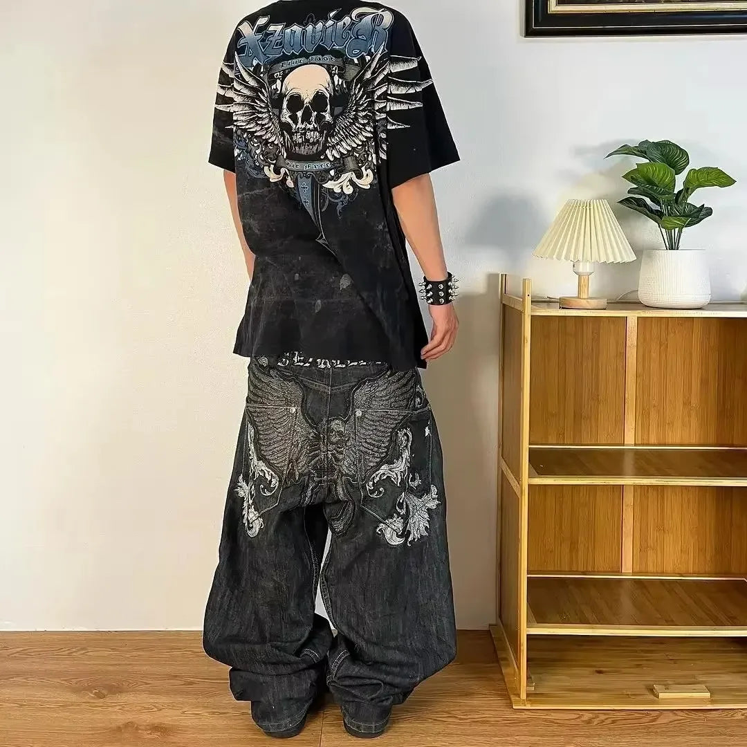 2023 New American Harajuku retro skull print straight high waist Y2K women's washed grey jeans Streetwear Gothic wide trousers - Lootquake