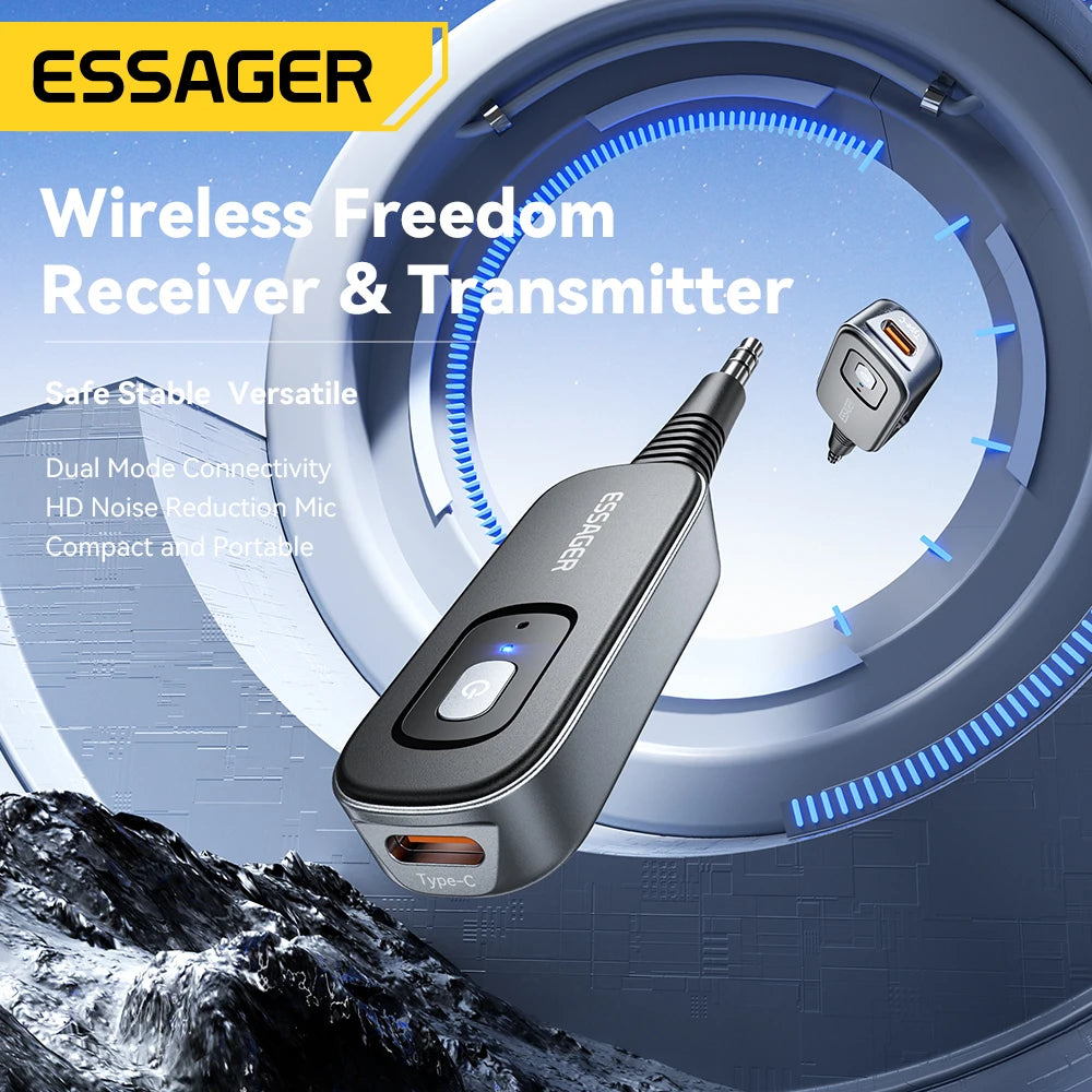 Receptor y transmisor de audio Essager Bluetooth 5.1 de 3,5 mm con entrada auxiliar de 3,5 mm y micrófono, adaptador inalámbrico para música estéreo, PC, TV y altavoces de coche.