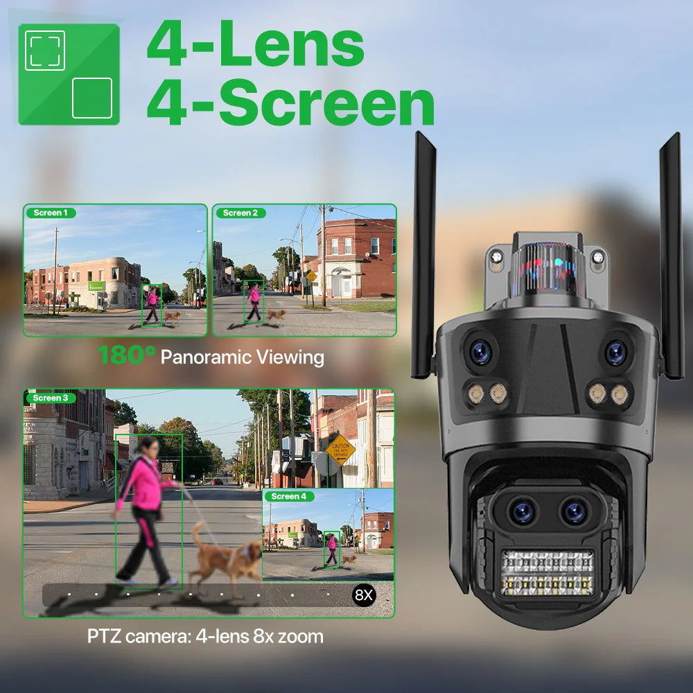 Cámara IP WIFI 8K con zoom 8X, cuatro lentes y cuatro pantallas, detección humana, 4K, 8MP, IP HD, doble pantalla, seguridad, impermeable, iCsee