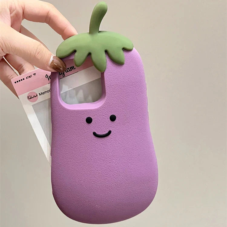 Funda de silicona suave para teléfono con diseño de berenjena feliz kawaii