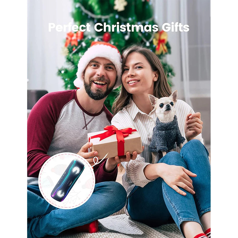 Altavoz Bluetooth WISETIGER para exteriores, resistente al agua IPX7, 25 W, BT5.3, estéreo envolvente con luces ecualizadoras pulsantes.