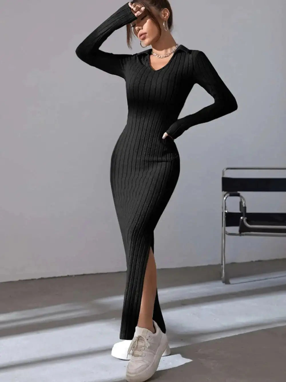 2024 Spring/Summer Knitted Dress Slim Fit Fashion Casual Women's Lapel Long sleeved Dress Concave Stripe Solid Color Long Dress - Lootquake