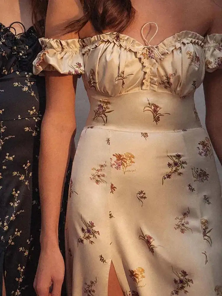 Slash neck Floral Print Split Beach Dress Women Summer Elegant Ruffles Party Long Dress Vestidos S~3XL - Lootquake