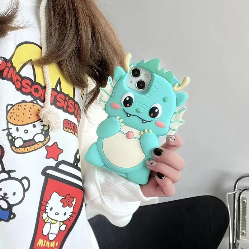 Funda para teléfono con diseño de dinosaurio grande de dibujos animados en 3D kawaii