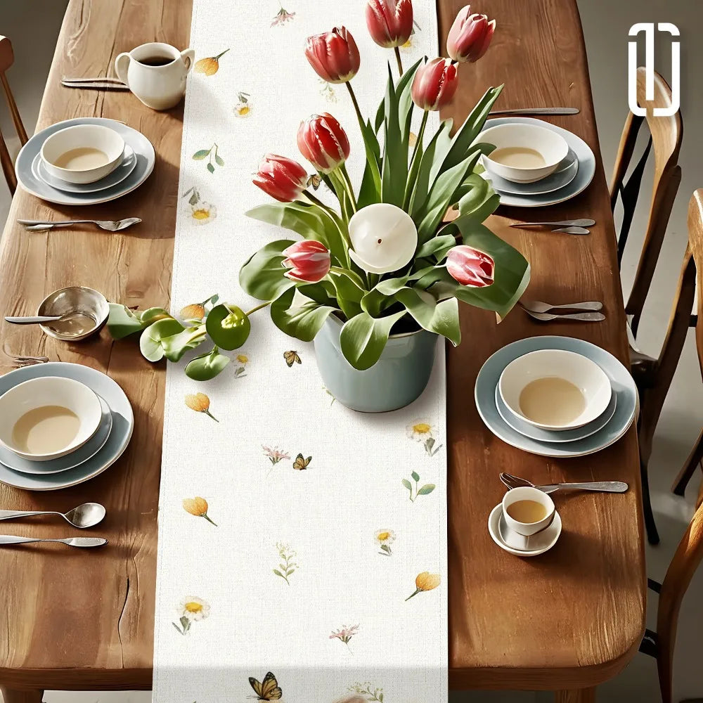 1pc Easter Bunny and Floral Egg Table Runner for Spring Holiday Home Decor, Easter Celebration Tablecloth Gift Idea - Lootquake