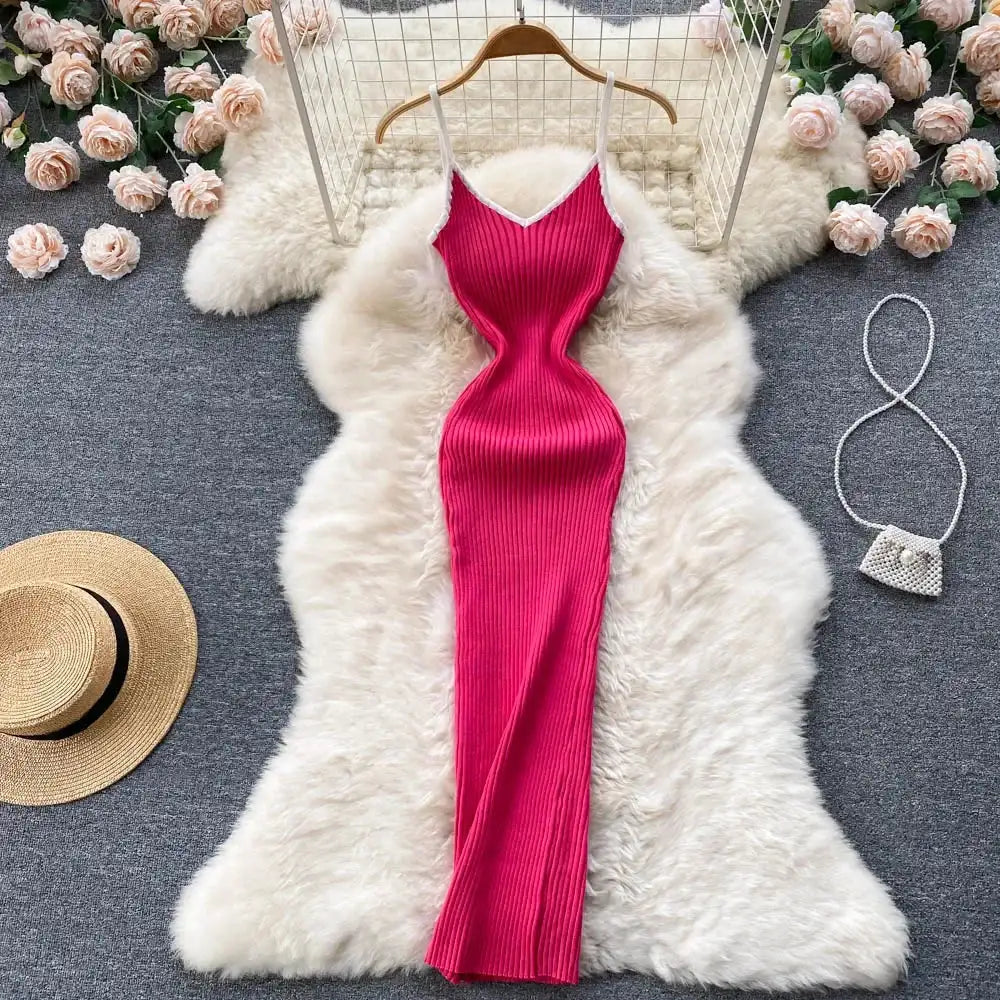 Summer V Neck Knit Sexy Strap Dress Women Elatic Waist Bodycon Sundress Female Beach Backless Maxi Long Dress - Lootquake
