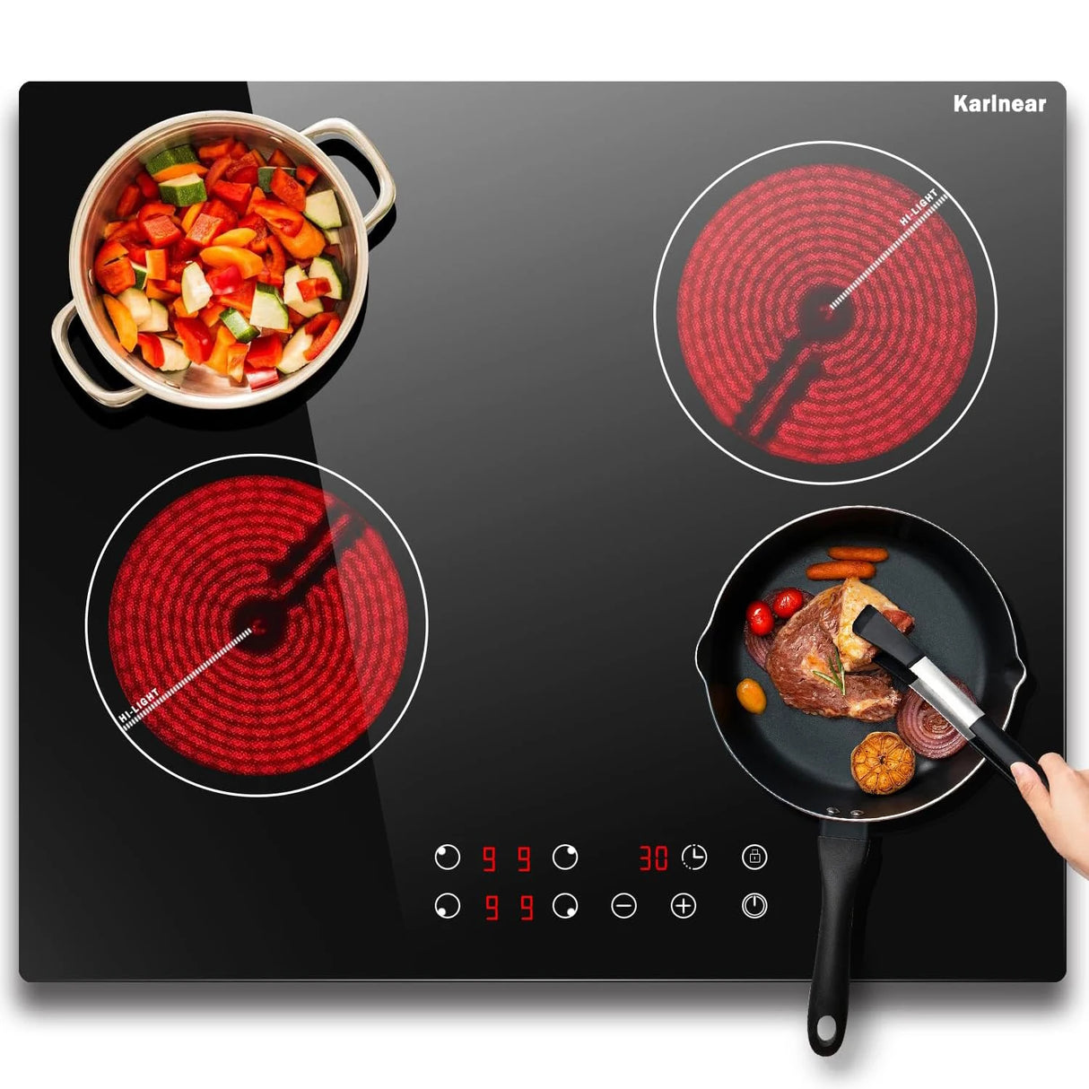 Plaque de cuisson vitrocéramique Karinear 60 cm, 4 zones, 6 000 W, encastrable, 220-240 V, sans prise, verrouillage de sécurité, minuterie, commandes tactiles