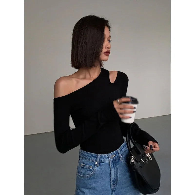 Fashion Skew Collar Off-shoulder Long-sleeved T-shirts Women Spring 2025 New Solid Slim Fit Crop Top Sexy Hollow Out Tees Shirts - Lootquake