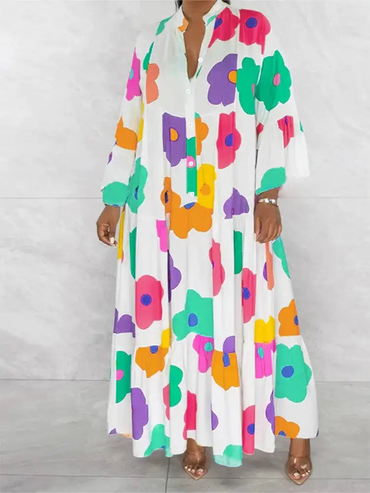 Plus Size New for Summer 2024 Women's Long Sleeve Floral Dress V-Neck Button Long Dress Long Sleeve Button Down Dress - Lootquake