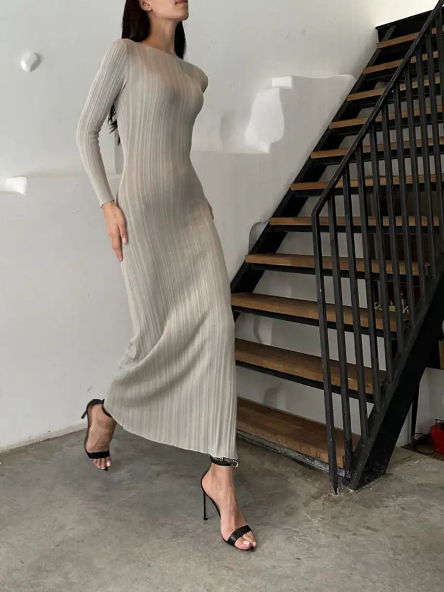 Autumn Winter Solid Color Bodycon Knit Dress Women Long Sleeve Crew Neck Ribbed Dress Slim Fit Long Dress - Lootquake